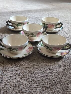 Set Of Five (5) Franciscan Desert Rose Tea Cups And Saucers